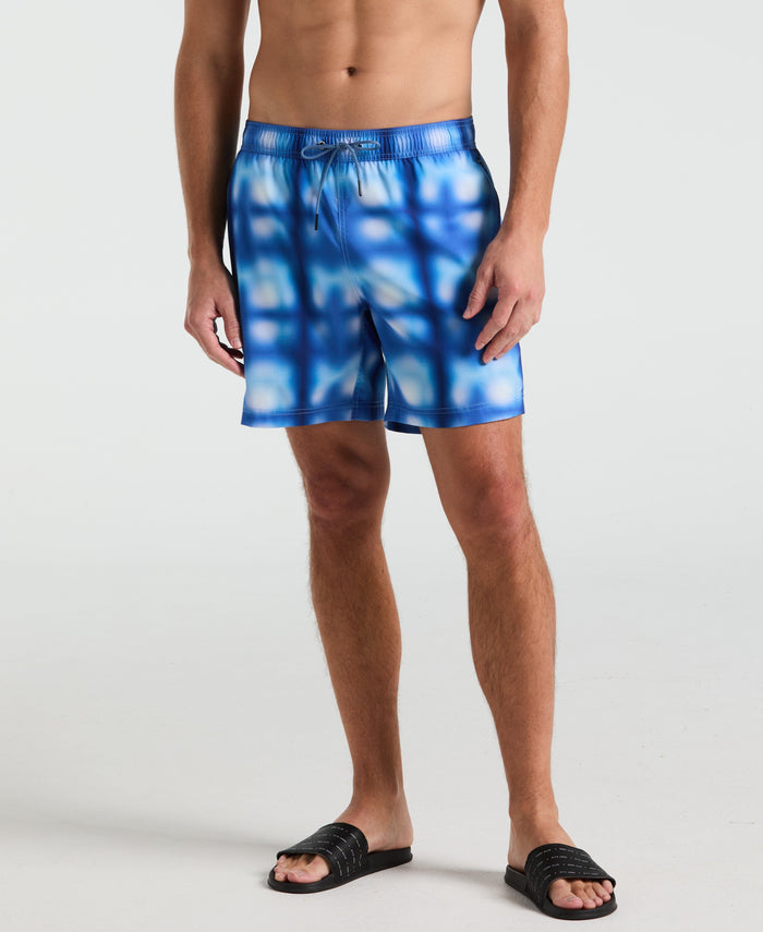 7" Blur Plaid Print Swim Short (Bleached Denim)