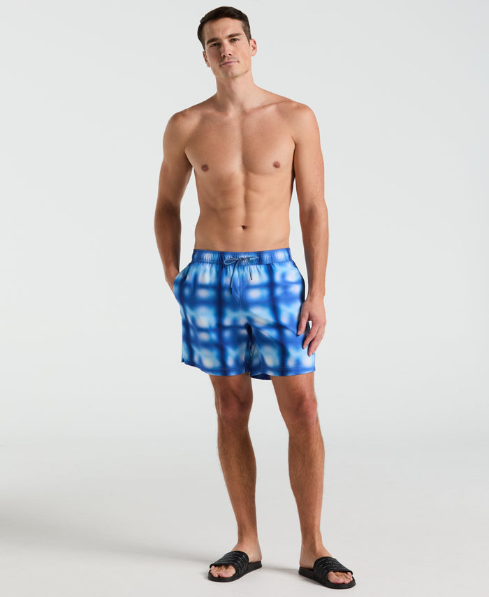 7" Blur Plaid Print Swim Short (Bleached Denim)