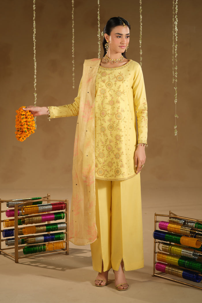 Aahal 3 piece ready to wear Eid outfit in yellow Pima lawn embroidered shirt with cambric culottes and printed cotton net dupatta – full front look