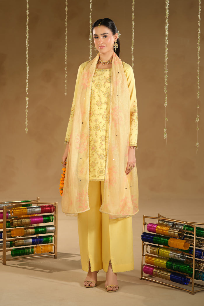 Full length standing pose of Aahal ready to wear outfit with light printed dupatta drape