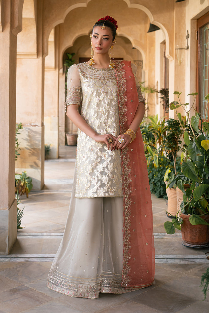 Ablaaj skin organza 3 piece semi formal dress with embroidered shirt, flared organza pants and carrot organza dupatta from NAQSHI Tabeer collection