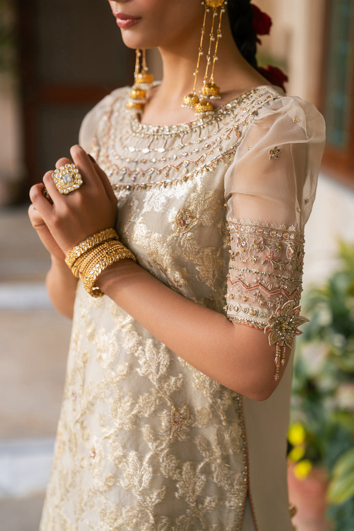 Close view of Ablaaj organza embroidered shirt with neckline detail and delicate festive embroidery