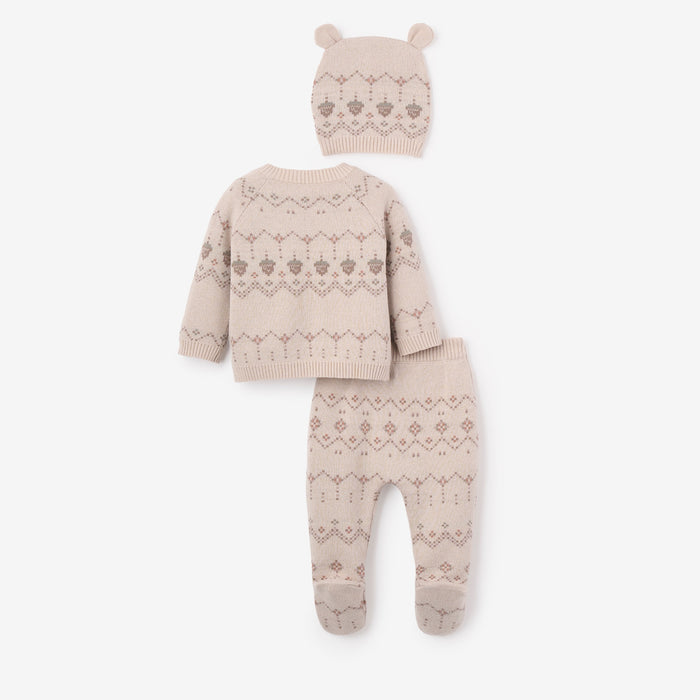 Acorn Fairisle Sweater, Footed Pant + Hat Set 3pc