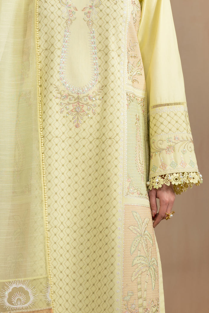 Front detail close up of Akasha shirt embroidery and neckline pattern, neat vertical thread work summer ready outfit.