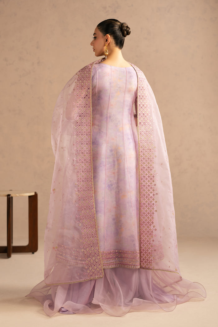 Back view highlighting fall of long frock and wide sharara volume, modest formal event wear.