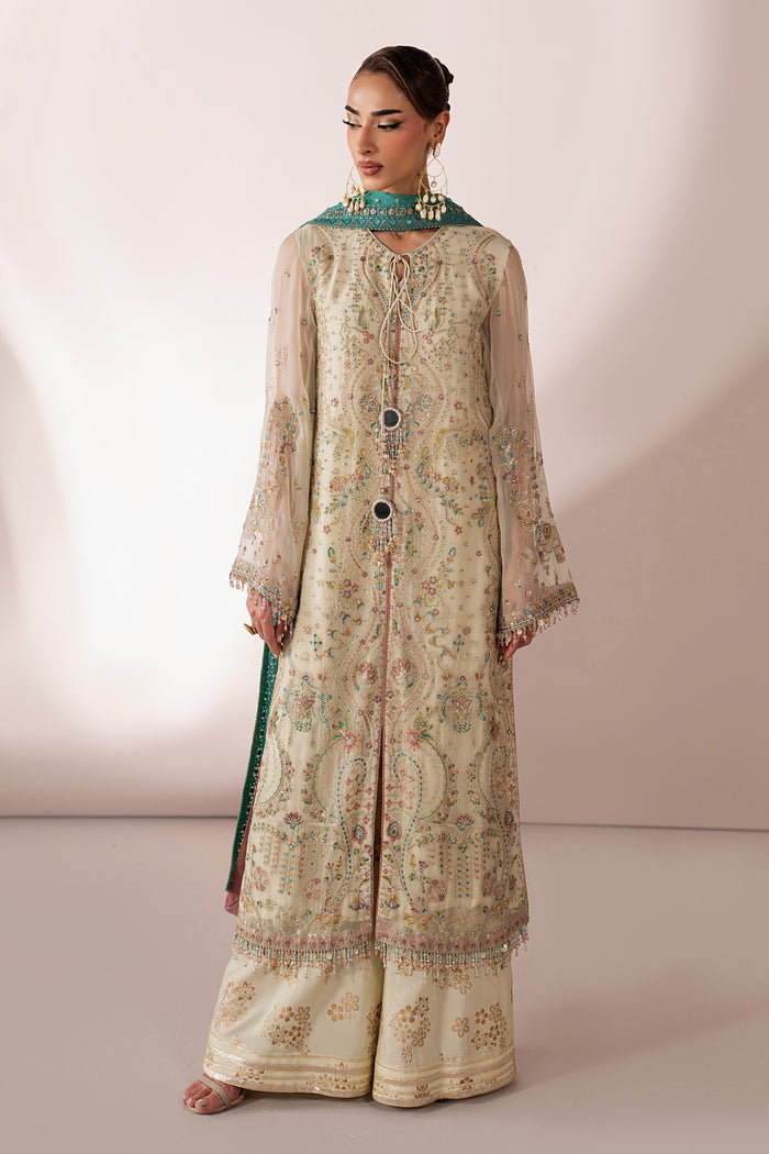 Alanah off-white 3-piece semi-formal outfit with embroidered Crinkle open shirt, PK Raw Silk flared pants and contrast teal Net dupatta.