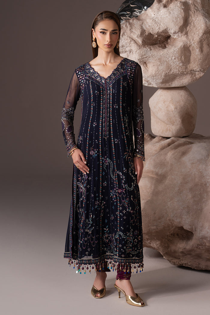 Alishma navy blue 3-piece semi-formal outfit with embroidered Crinkle shirt, contrast churidar pajama and Net dupatta in a full front view.