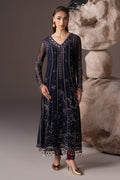 Alishma navy blue 3-piece semi-formal outfit with embroidered Crinkle shirt, contrast churidar pajama and Net dupatta in a full front view.