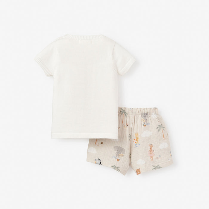 Alligator Knit Pullover + Seaside Safari Organic Muslin Short Set