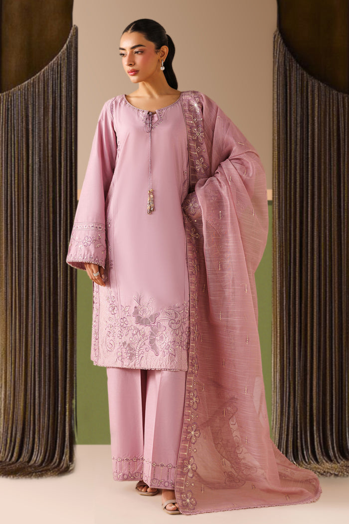 NAQSHI Alvin lilac cambric ready-to-wear outfit with embroidered straight shirt, culotte trousers, and cotton organza dupatta