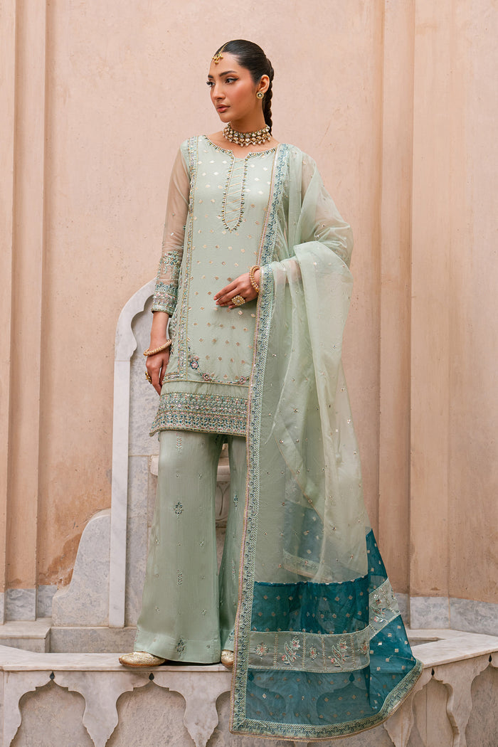 Amani aqua organza 3 piece semi formal dress with embroidered shirt, PK raw silk culotte trousers and organza brochia dupatta from NAQSHI Tabeer collection