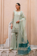 Amani aqua organza 3 piece semi formal dress with embroidered shirt, PK raw silk culotte trousers and organza brochia dupatta from NAQSHI Tabeer collection
