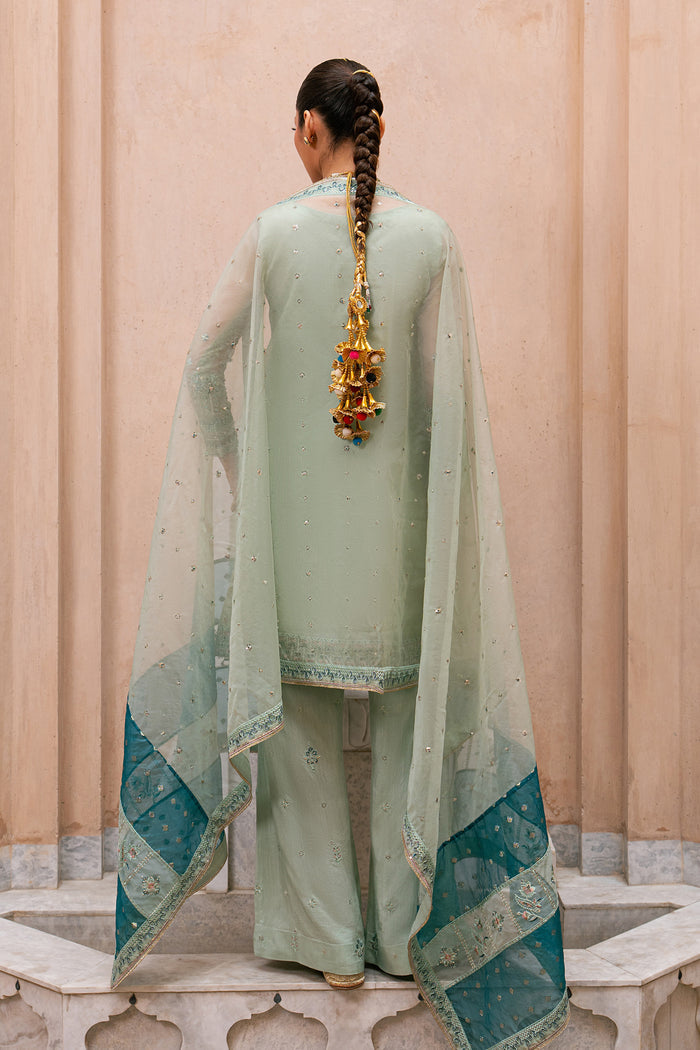 Back view of Amani aqua organza semi formal outfit with embroidered long shirt, culotte trousers and organza brochia dupatta