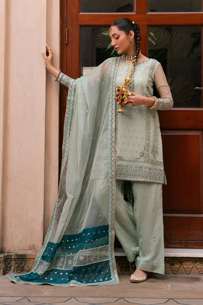 Amani aqua organza festive outfit with embroidered straight shirt, PK raw silk culotte trousers and contrast organza brochia dupatta