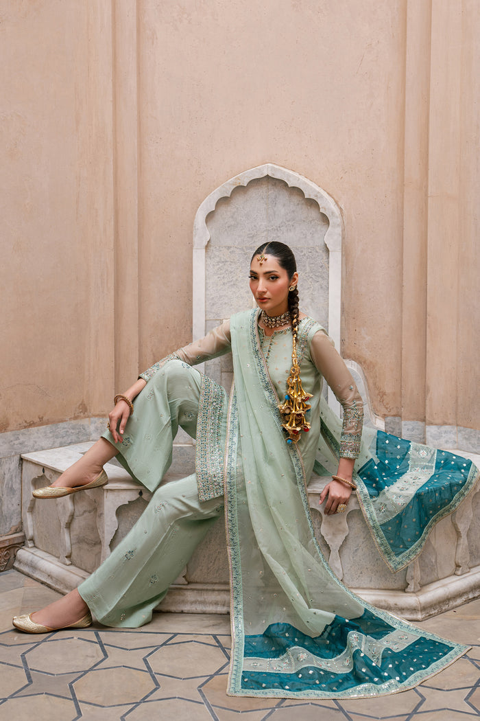 Amani aqua semi formal dress with organza brochia dupatta featuring embroidered borders and soft festive detailing