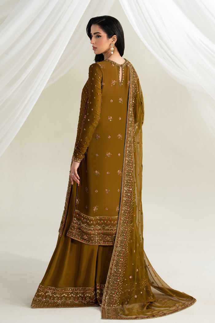 Deep brown georgette long shirt side view with flared trousers and crinkle dupatta, soft flowy formal outfit for special occasions