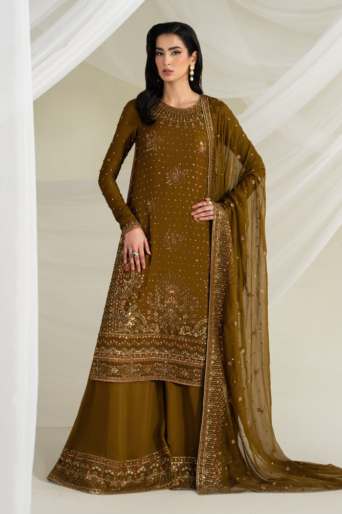 Deep brown embroidered formal 3 piece outfit with long flared shirt, PK raw silk trousers, and bordered dupatta, complete event wear look.