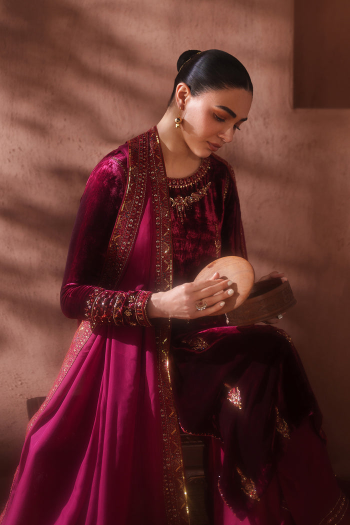 Woman in traditional attire playing a stringed instrument against a warm-toned wall.