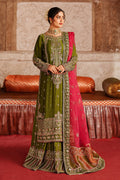 NAQSHI Anadil olive green embroidered ready-to-wear formal outfit with heavily embellished shirt, flowing sharara and pink embroidered dupatta for weddings and party events.