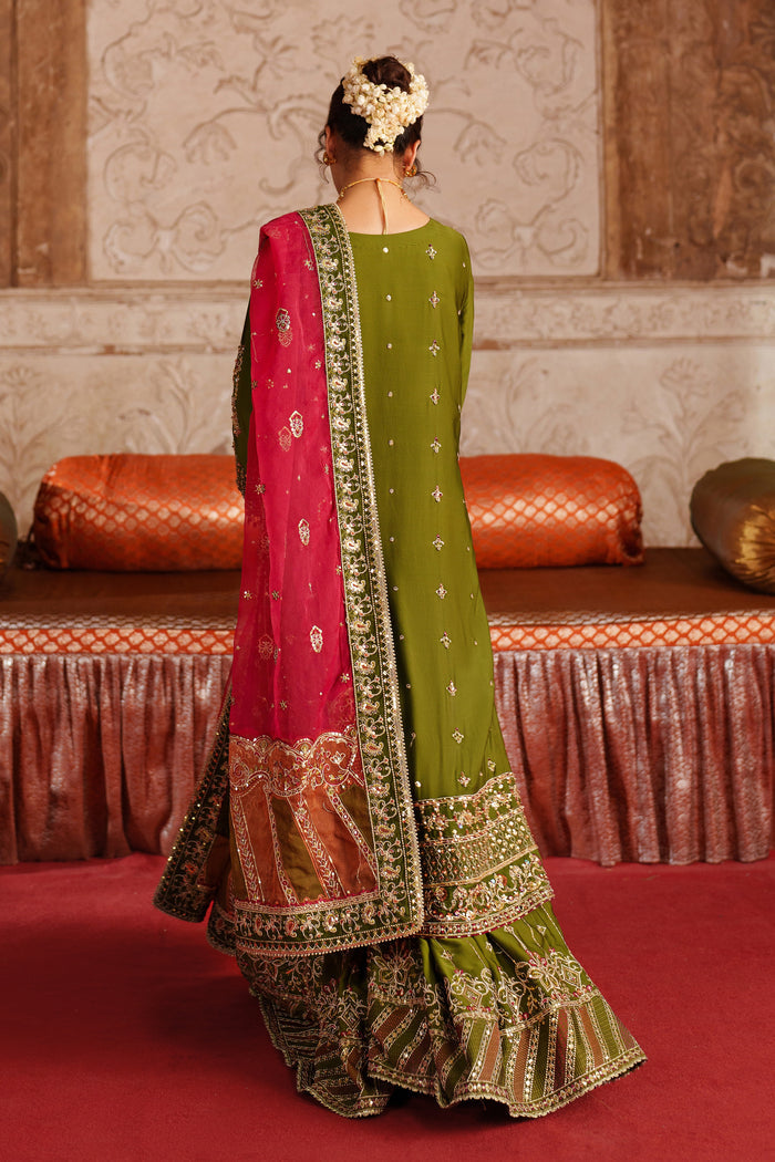 Back view of NAQSHI Anadil olive green formal dress set with detailed embroidery and pink net dupatta draped ready for special occasion wear.