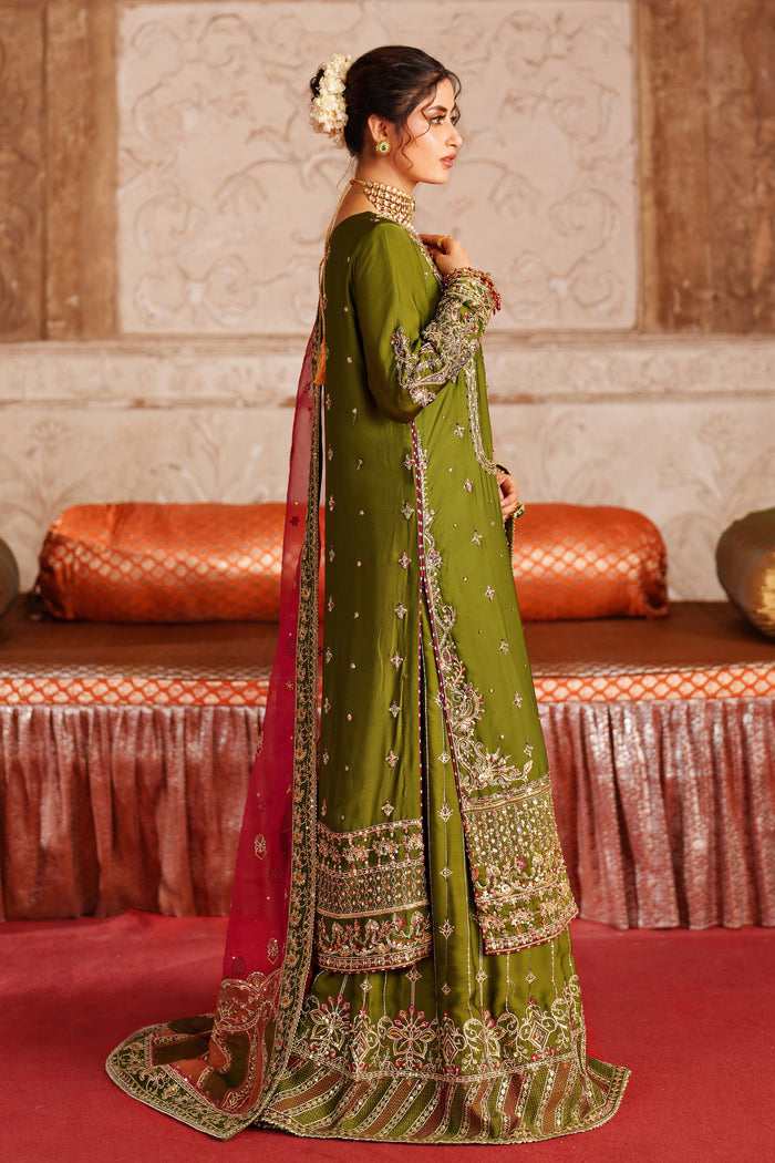 Side view of NAQSHI Anadil embroidered olive green event outfit with embellished bodice and coordinated wide leg pants for formal celebrations.