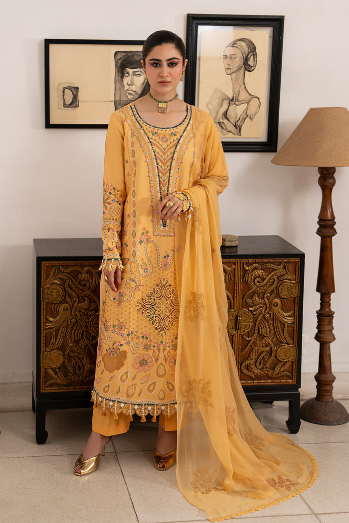 NAQSHI Anasia reddish orange embroidered lawn 3-piece outfit with straight cambric trousers and crinkle dupatta from Seran Lawn Cambric collection