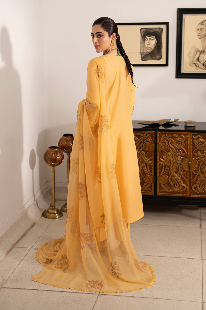 Side view of Anasia reddish orange embroidered lawn suit featuring long straight silhouette, detailed embroidery and lightweight crinkle dupatta