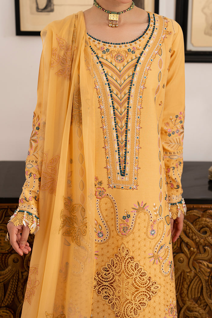 Close-up of Anasia embroidered lawn shirt highlighting intricate neckline embroidery, decorative panels and colorful border detailing