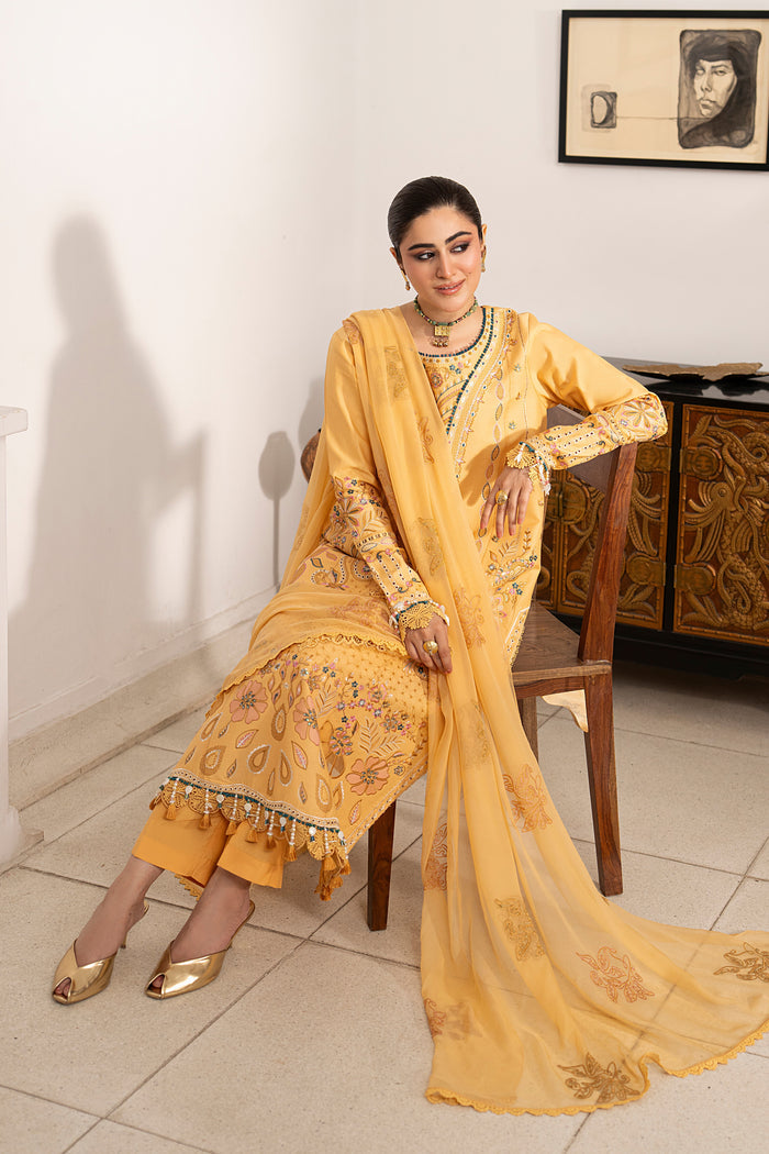 Full-length view of Anasia reddish orange 3-piece embroidered outfit with straight trousers, crinkle dupatta and refined festive summer look