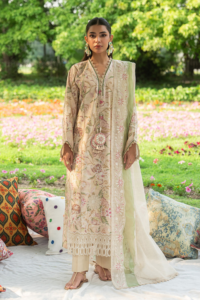 Andalib skin tone lawn 3 piece ready to wear outfit with floral digital print, straight cambric trouser and cotton organza dupatta for summer day events