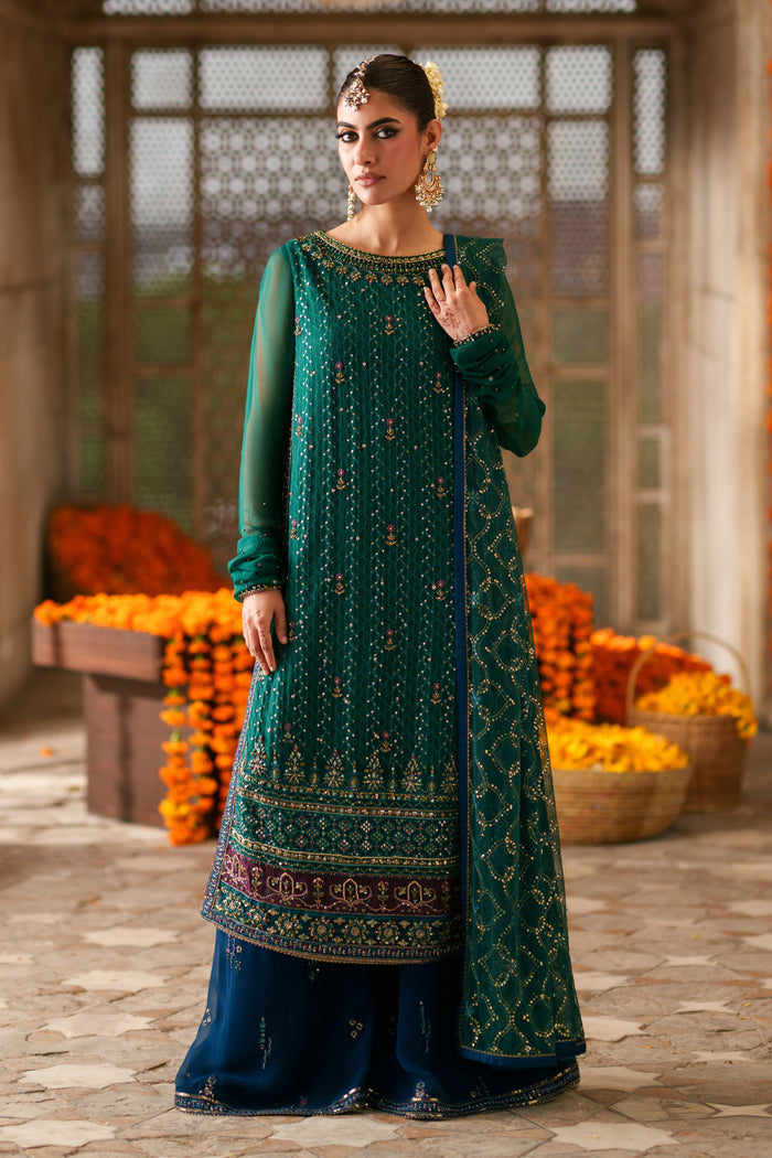 Anfa green and blue semi formal dress in crinkle chiffon with embellished long shirt, flary pants and net dupatta for festive occasions