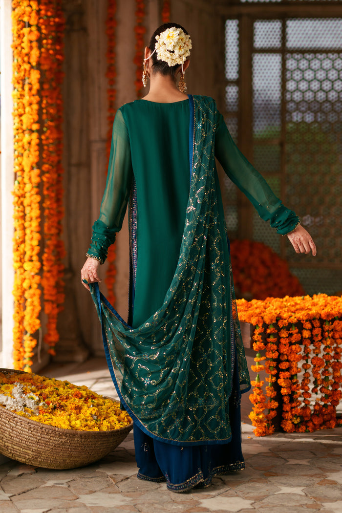 Back view of Anfa green and blue semi formal suit with net dupatta, long shirt silhouette and elegant Eastern wear styling