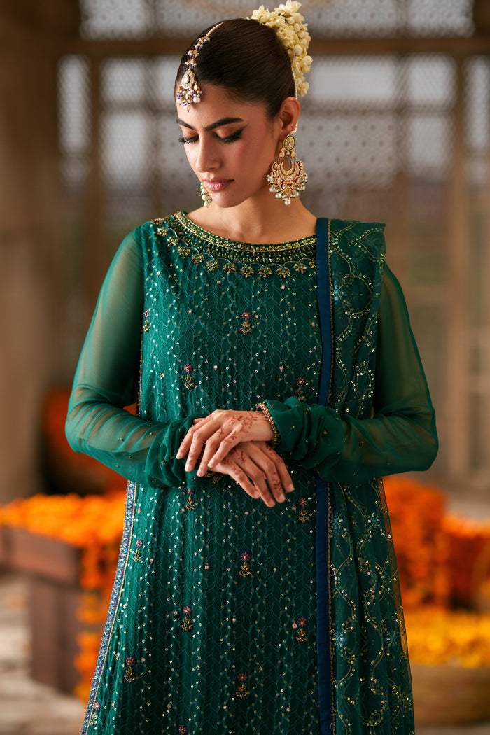 Three piece green and blue crinkle chiffon suit with embellished long shirt, wide flary pants and net dupatta for semi formal wear