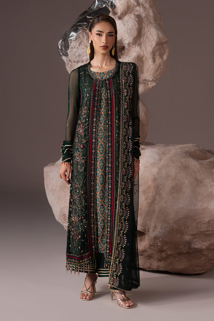 Arfiya green 3-piece semi-formal outfit with embroidered Crinkle gown, digital print inner, PK Raw Silk culotte and Net dupatta in a full front view.