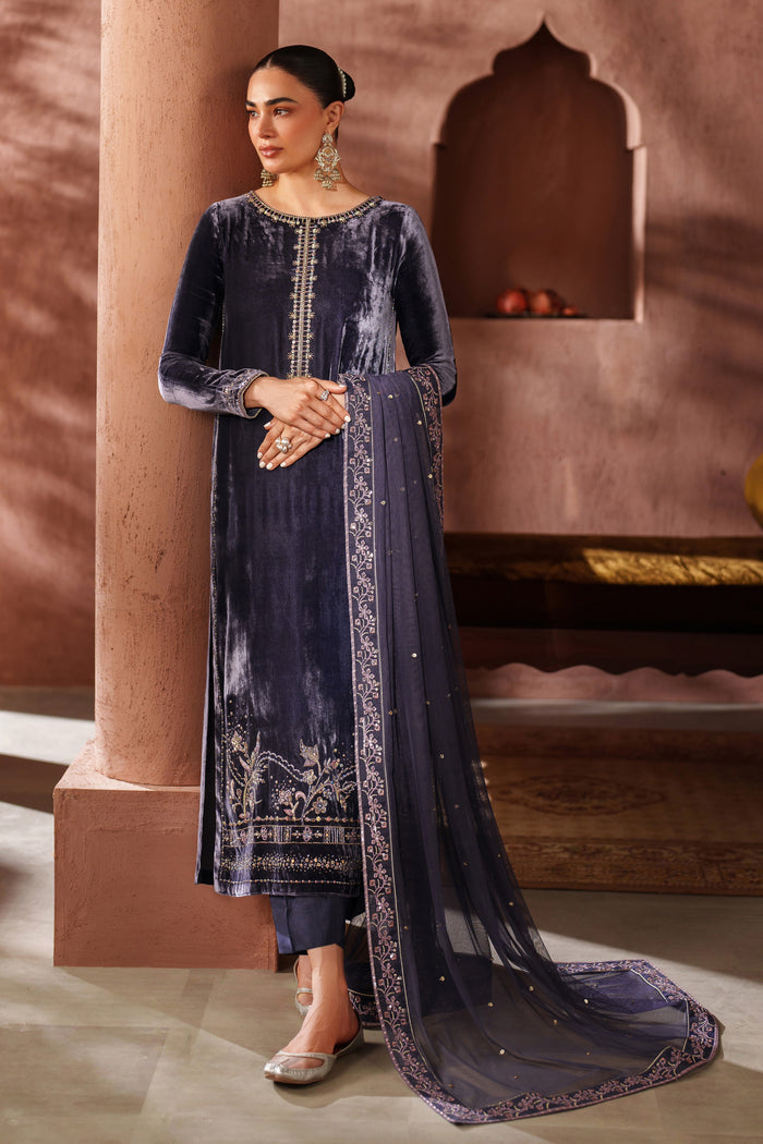 NAQSHI navy blue embellished long shirt with matching dupatta, elegant ready-to-wear formal outfit for evening events and weddings