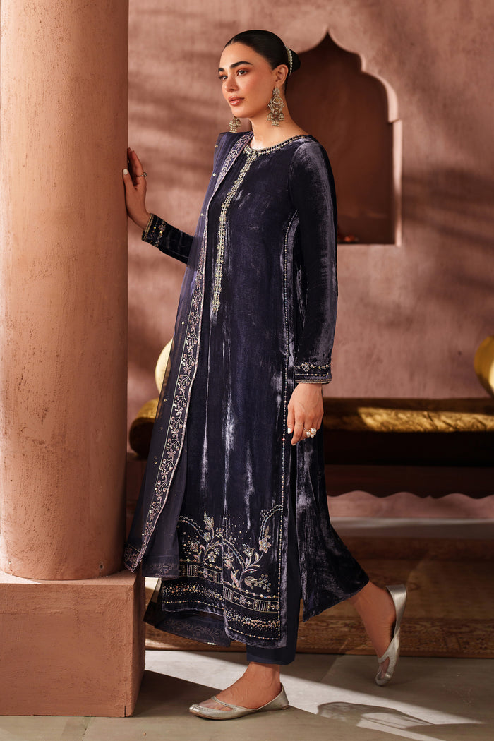 Side view of NAQSHI navy blue formal long shirt showing straight cut design, refined fabric, and graceful event-ready look