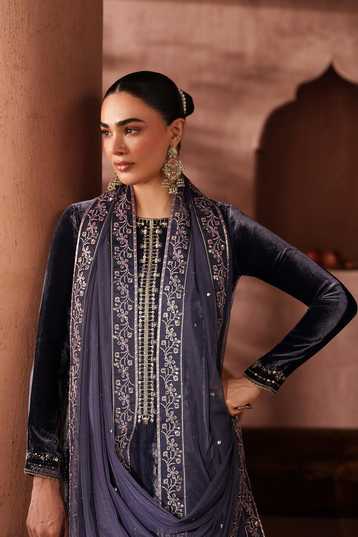 Front upper view of NAQSHI navy blue embellished shirt highlighting neckline embroidery and elegant formal styling
