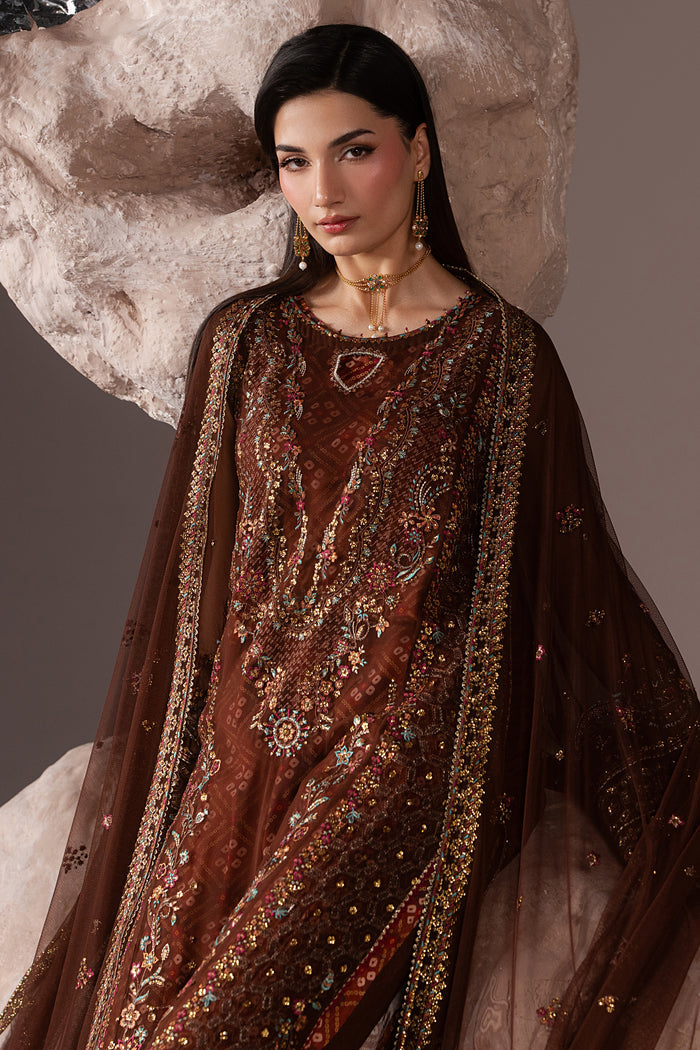 Mid-length view of Aroob showing the chocolate brown embroidered shirt, bell sleeves, neckline detailing and draped Net dupatta.