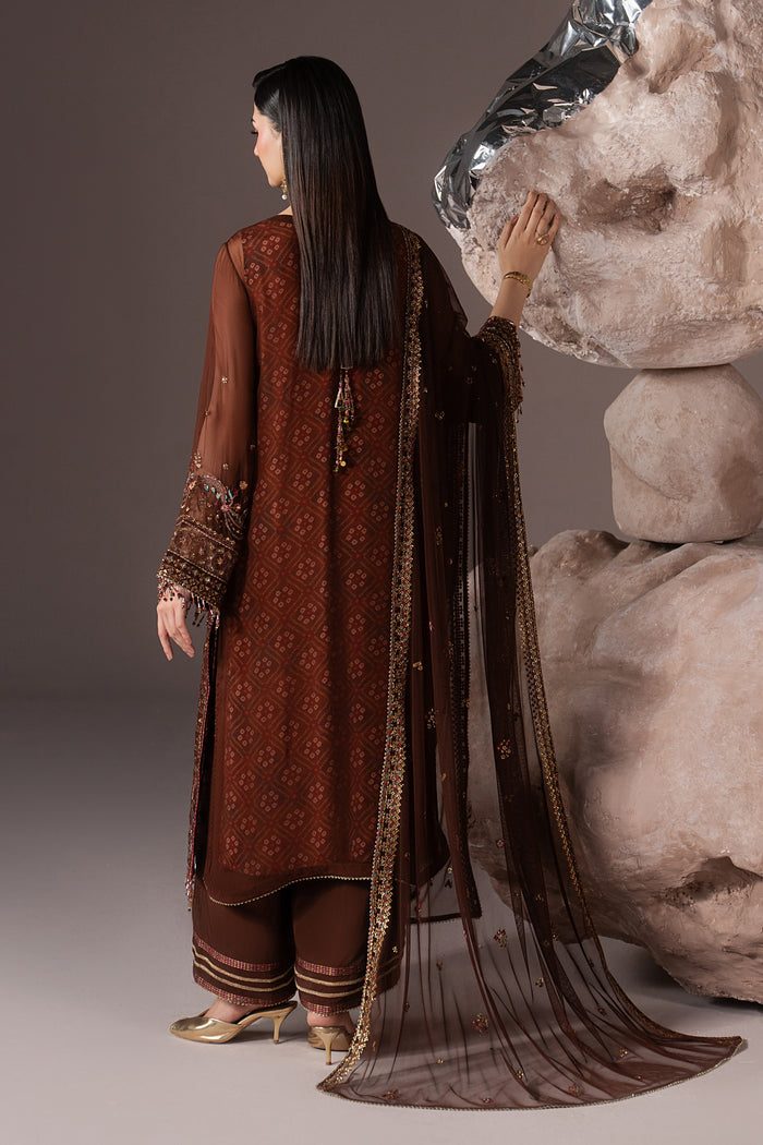 Back view of Aroob showing the long chocolate brown shirt, bell sleeves and flowing embroidered Net dupatta.