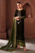 NAQSHI dark green formal ready-to-wear 3-piece outfit with embroidered long shirt, matching trousers, and embellished dupatta for party and evening wear