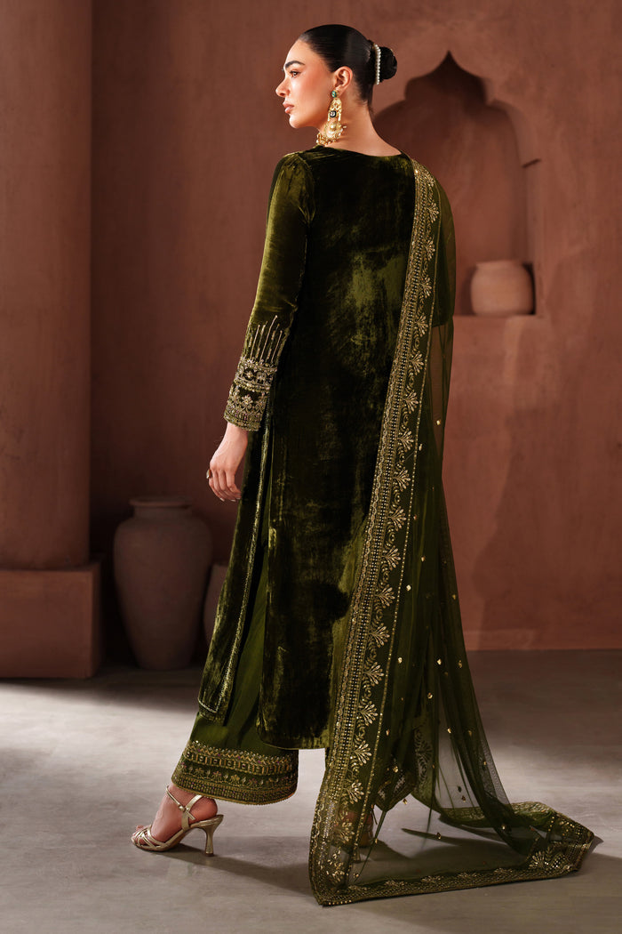 Back view of NAQSHI dark green occasion wear dress highlighting clean stitching, straight cut shirt, and elegant fall