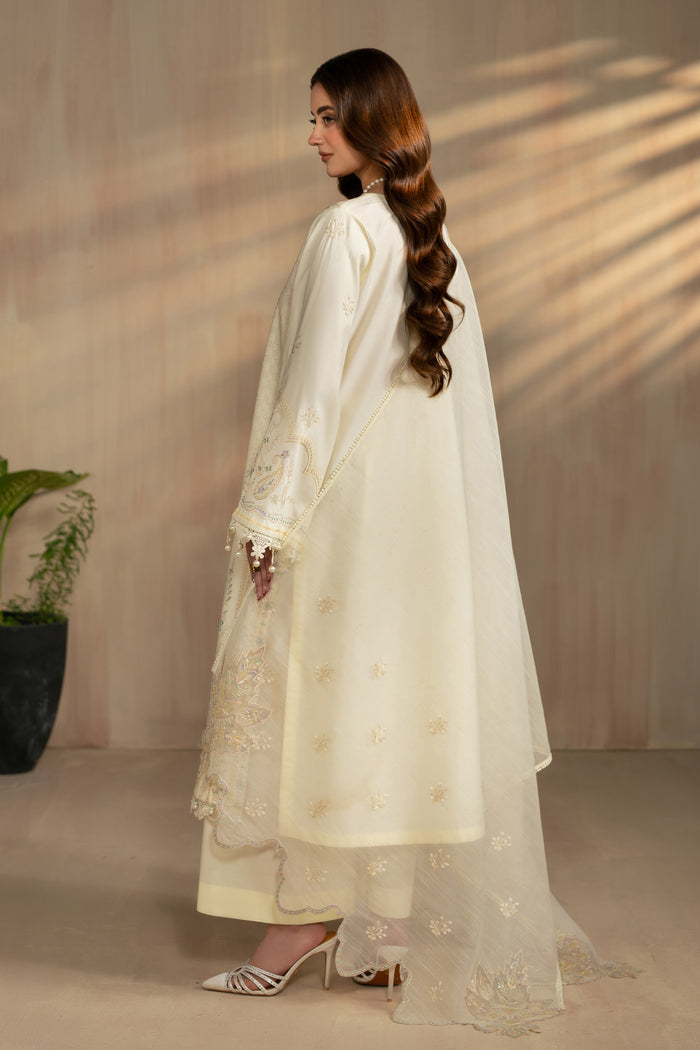Back view of Ashnoor dress with flowing dupatta drape and long shirt length, breathable ready made gathering attire.