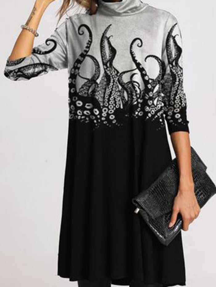 Autumn Plant Pattern High-neck Thick Casual Dress