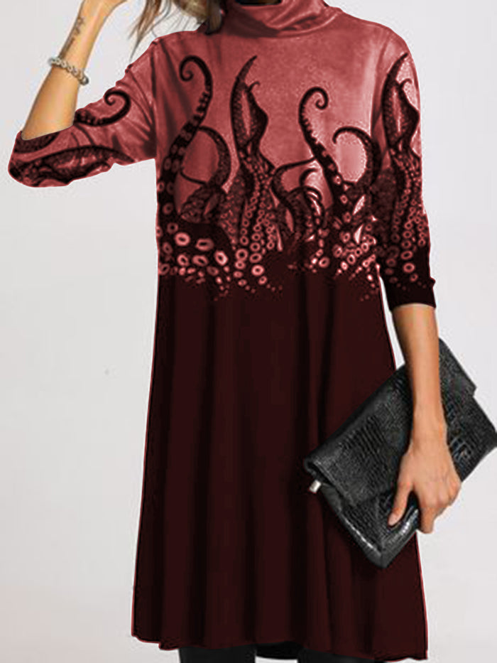 Autumn Plant Pattern High-neck Thick Casual Dress