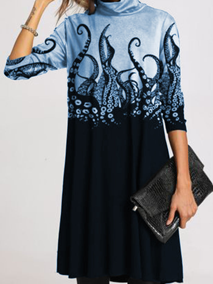 Autumn Plant Pattern High-neck Thick Casual Dress