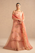 Aysun carrot peach organza 3 piece sharara suit by NAQSHI, full front view long shirt with adda work neckline, organza dupatta and flared sharara, semi formal ready to wear outfit.