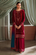 NAQSHI deep red formal ready-to-wear 3-piece outfit with embroidered long shirt, matching trousers, and contrast dupatta for special occasions.