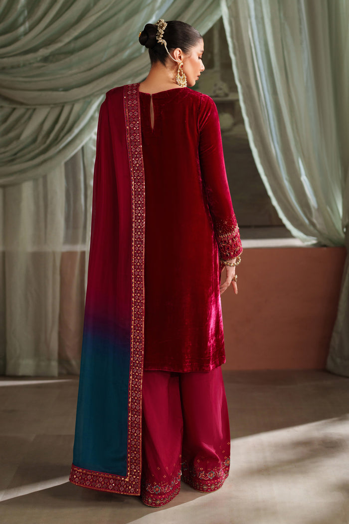 Back view of NAQSHI deep red occasion wear outfit highlighting clean stitching and elegant fall of the shirt