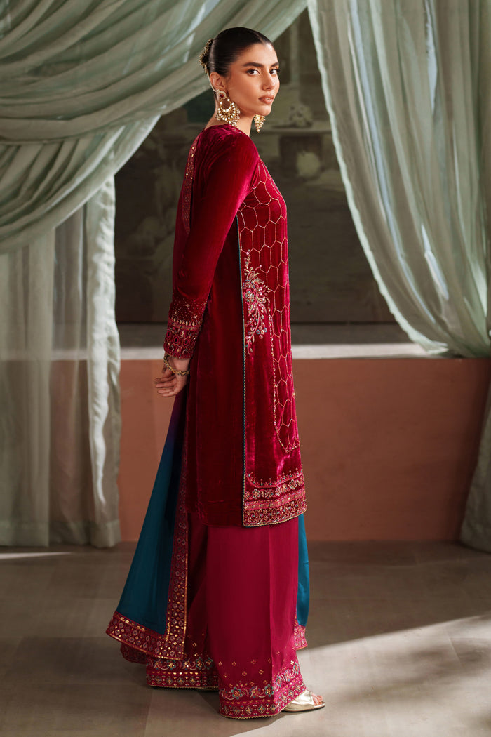 Side back view of NAQSHI deep red formal ready-to-wear dress with contrast dupatta styled for event wear