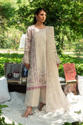 Baseera ivory lawn 3 piece ready to wear outfit with soft embroidery, cambric culotte trouser and cotton organza dupatta for summer daytime events